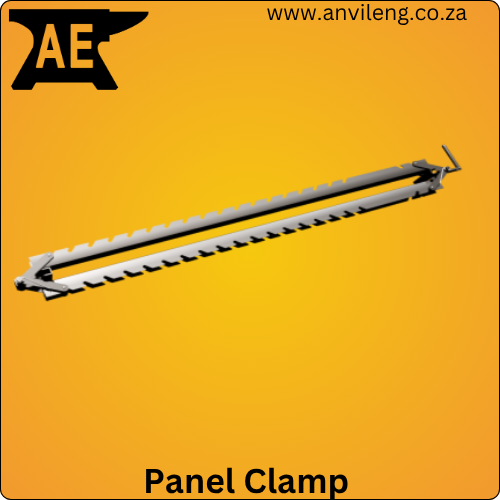Anvil Engineering heavy-duty panel press clamping a wide timber tabletop layout flat in a workshop environment.